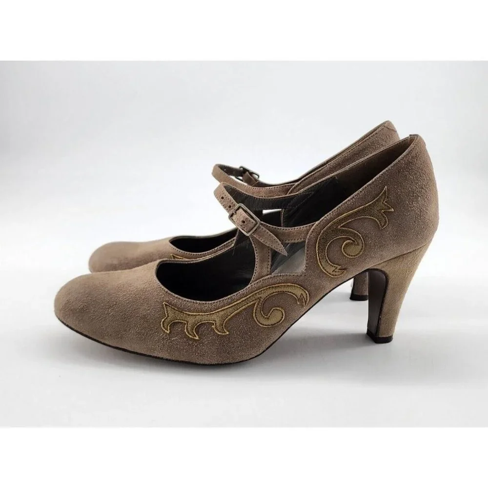 Lulu Guinness Women's Leather Slip On Mary Jane Pump Heels Tan Suede EUR 38 US 7